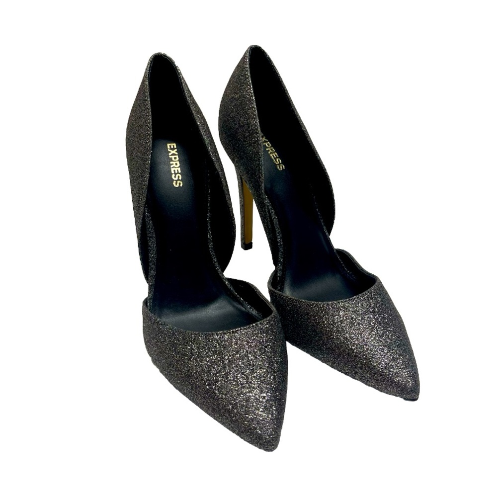 Express Glitter  Heels Shoes Stiletto Pointed Silver Gray Sz 9